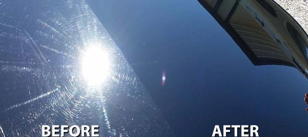 before and after photo of a black car hood that was buffed and had automotive paint correction done