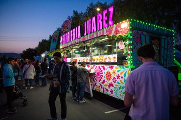 Birrieria Juarez food truck in Moorpark CA with people around eating and ordering food