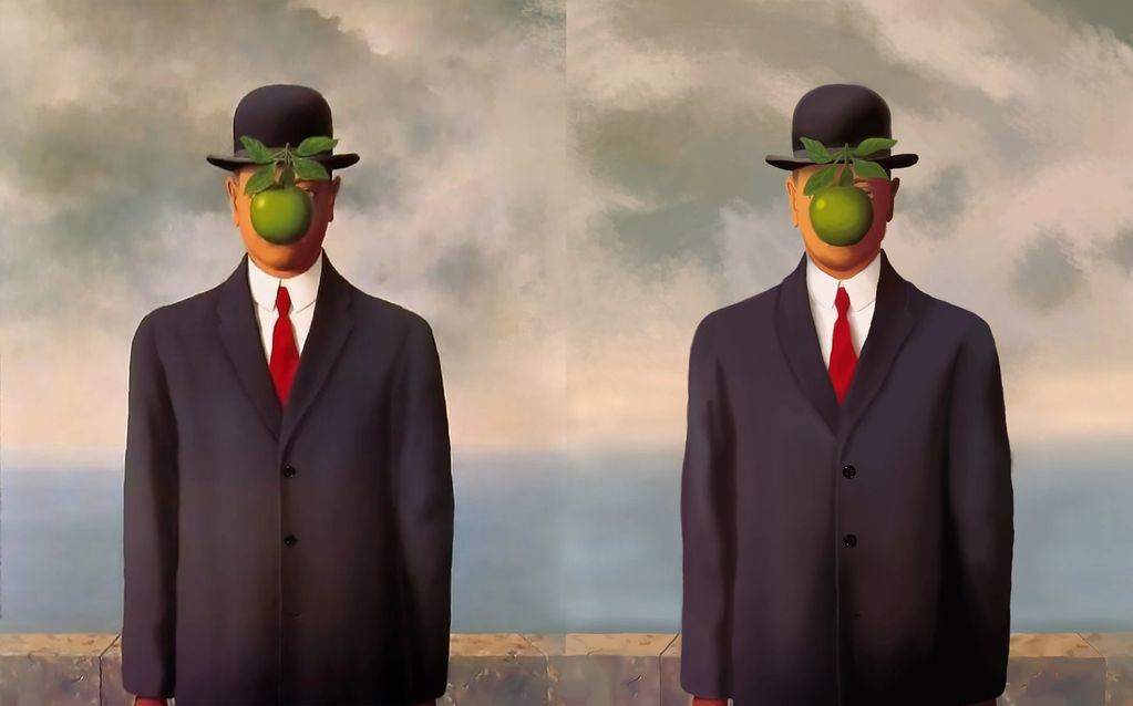 On the left is Rene´ Magritte's painting, The Son of Man, and on the right is my digital recreation.