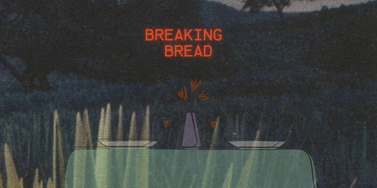 Text 'BREAKING BREAD' glowing over a dark, grainy landscape with silhouetted trees.