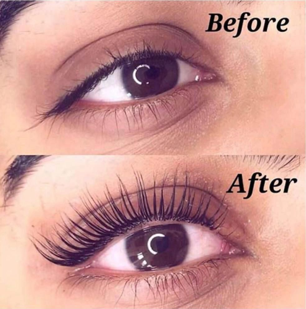 Before and after eyelash enhancement showing longer lashes.
