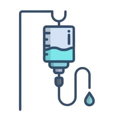 Illustration of a medical IV drip with a blue liquid drop.