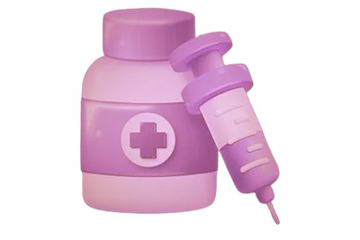 Illustration of a vaccine vial and syringe in purple.
