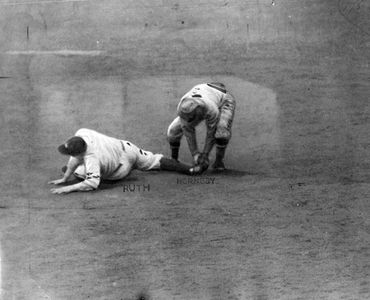 Babe Ruth is tagged out by Rogers Hornsby to end Game 7 of the 1926 World Series at Yankee Stadium,