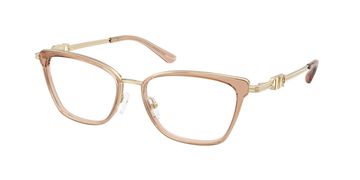 Stylish cat-eye eyeglasses with a pink and gold frame.