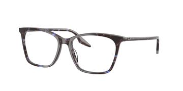 Square tortoiseshell eyeglasses with blue accents.