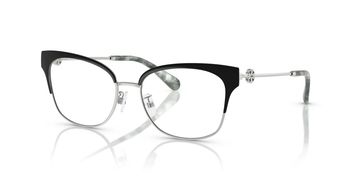 Stylish black and silver half-rim eyeglasses on a white background.