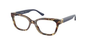 Tory Burch tortoiseshell and navy eyeglasses.