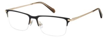 Black and gold half-rim eyeglasses.