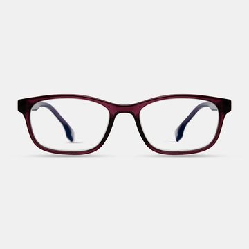 Rectangular maroon eyeglasses with clear lenses.