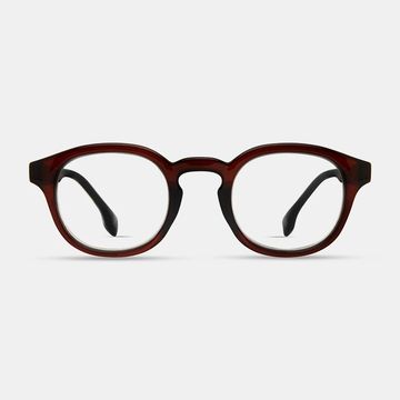 Brown round glasses with black arms.