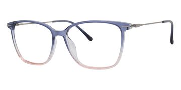 Transparent eyeglasses with blue and pink gradient frames.