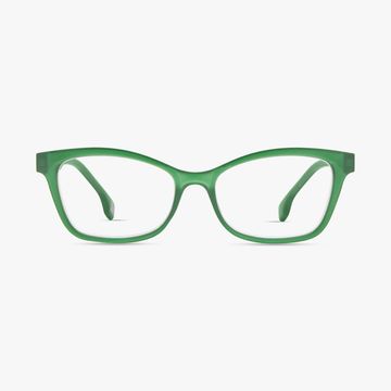 Green rectangular eyeglasses with clear lenses.