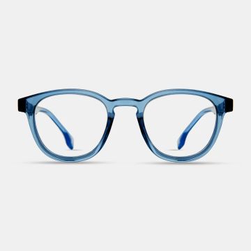 Blue translucent eyeglass frames.