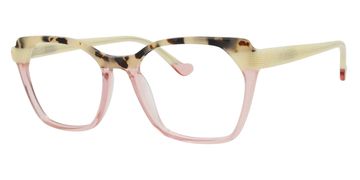 Stylish two-tone eyeglasses with pink and tortoiseshell frames.