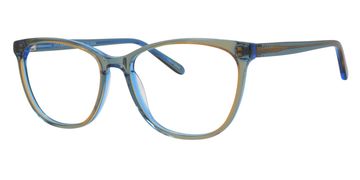 Blue semi-transparent eyeglasses with a round frame.
