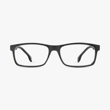 Black rectangular eyeglasses with clear lenses.
