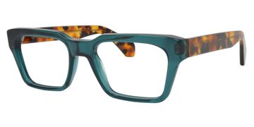 Stylish rectangular eyeglasses with teal and tortoiseshell frame.