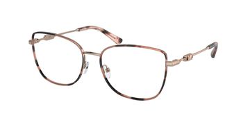 Stylish square eyeglasses with tortoiseshell frame and gold temples.