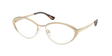 Gold cat-eye eyeglasses with tortoiseshell temple tips.