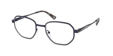 Stylish black eyeglasses with a unique geometric frame.