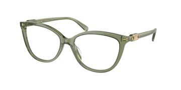 Stylish translucent green eyeglasses with gold accents.
