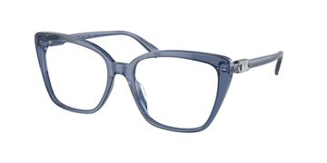 Transparent blue square eyeglass frames with silver accents.
