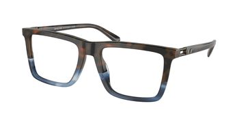 Stylish square eyeglasses with a brown and blue gradient frame.