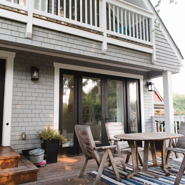 Outdoor cozy patio, cozy space, outdoor design, french doors, remodelled home exterior and interior