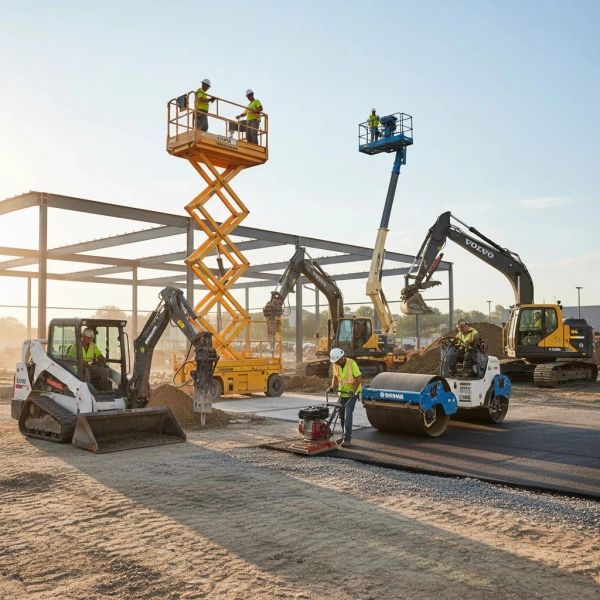 Construction workers operating machinery at a worksite.