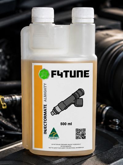 A 500 ml bottle of F4TUNE InjectorMate Almighty fuel injector cleaner.