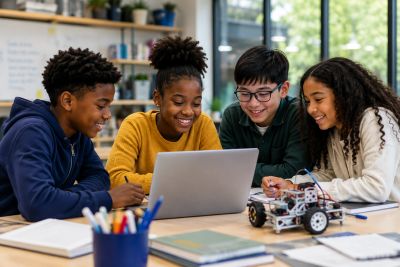 Group of kids collaborating on a laptop.