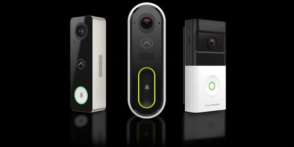 Three modern smart video doorbells with cameras and illuminated buttons.