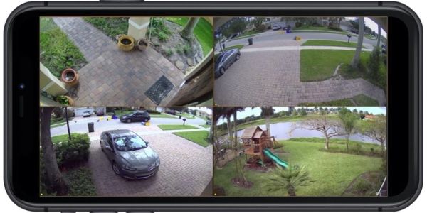Home security camera views showing front yard, driveway, and backyard playground.
