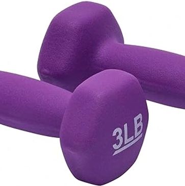 A pair of purple dumbbells sitting on top of each other.