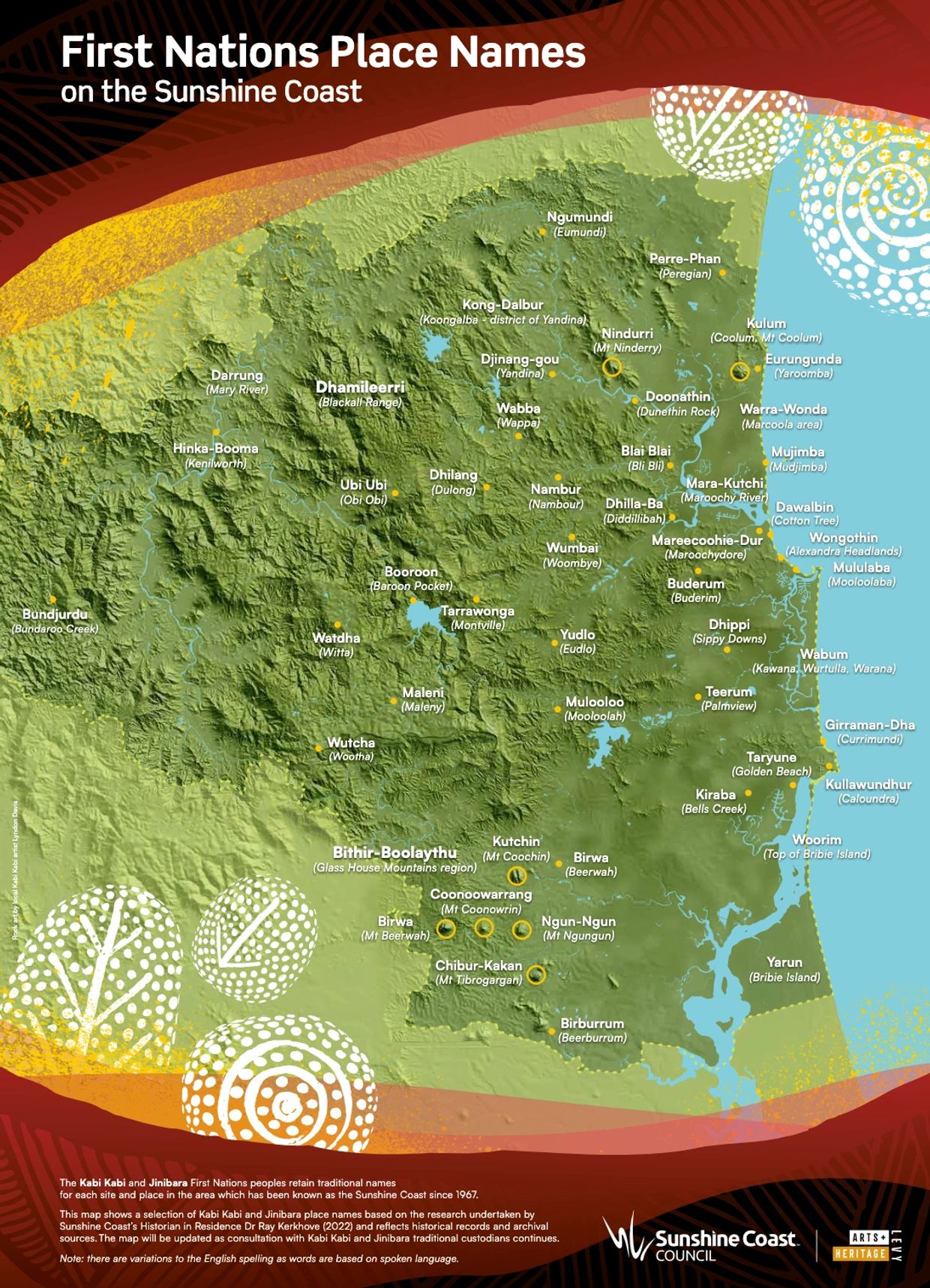 Map showing First Nations place names on the Sunshine Coast by Kabi Kabi and Jinibara peoples.