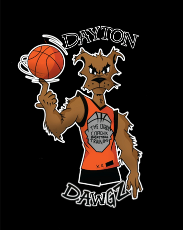 Cartoon dog spinning a basketball with 'Dayton Dawgz' text.