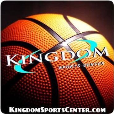 Close-up of a basketball with Kingdom Sports Center logo overlay.