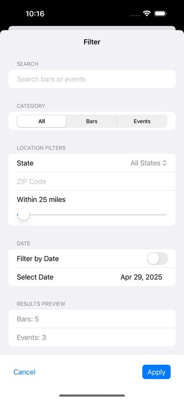 Search Filter find Bars and Events all across the country