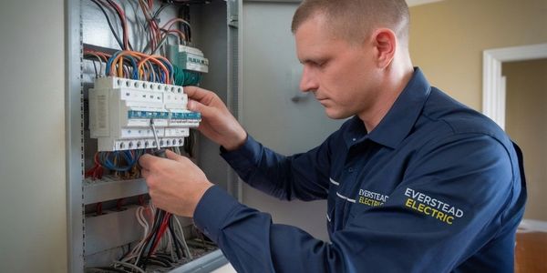 Electrician inspecting a circuit breaker panel in a home.