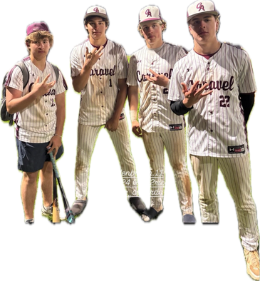 Four young baseball players in striped uniforms posing with hand signs and bats.
