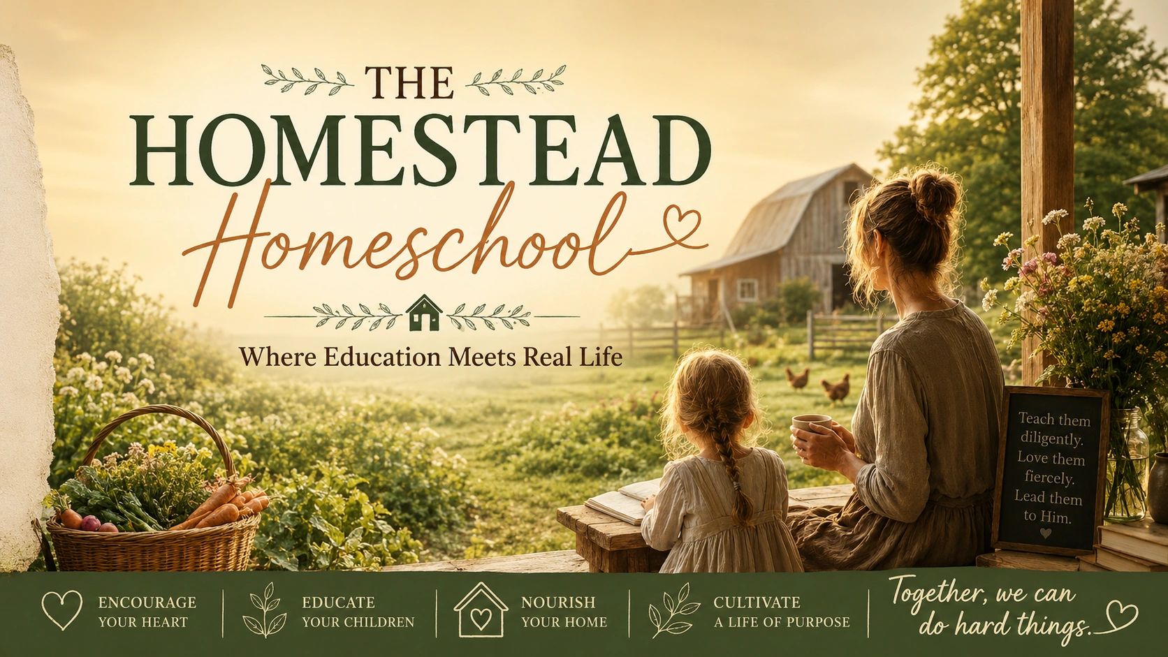 A mother and child homeschooling on a porch overlooking a homestead.