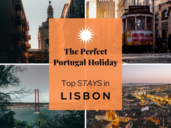 A picture of a trolley car, suspension bridge, and city sites of Lisbon portugal