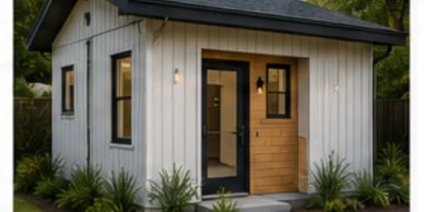 Modern tiny house with mixed exterior panels.