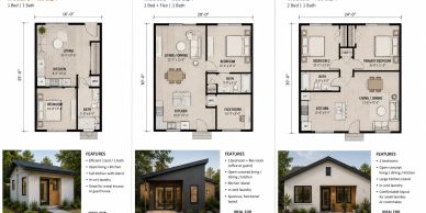 Three small house floor plans with corresponding exterior images and features.