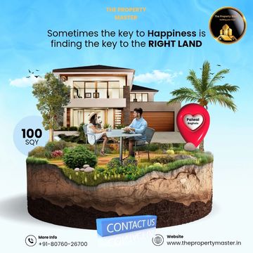 Couple enjoying outdoor table on a floating land plot with a modern house.