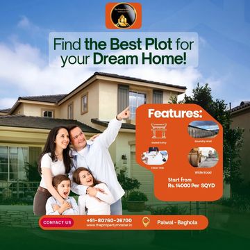 Happy family promoting plots for dream homes with key features and contact details.