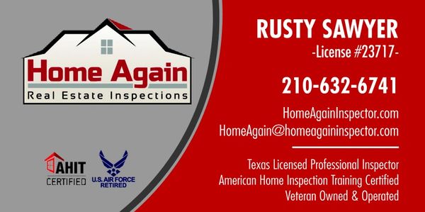 Home Again Real Estate Inspections Business card for San Antonio, Texas. 