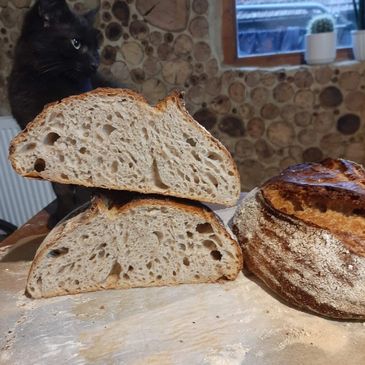 Freshly baked rustic bread with a curious black cat in the background.