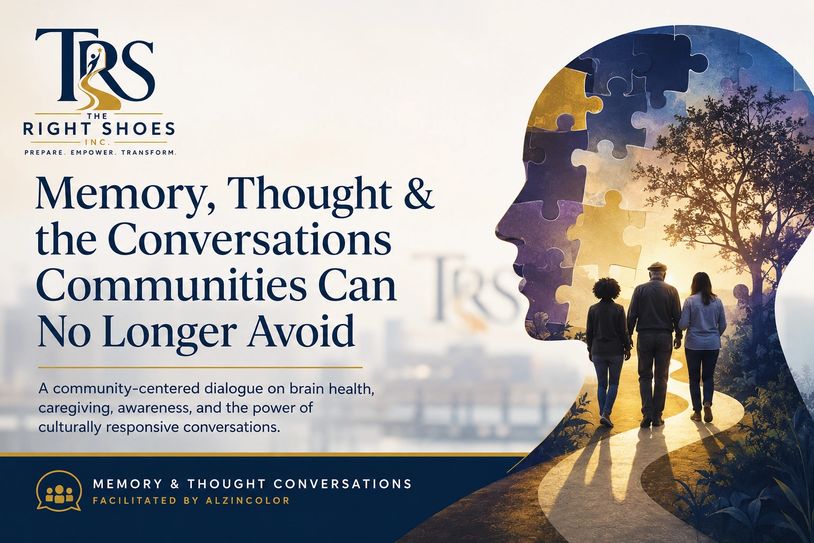 Community dialogue on brain health and caregiving with a puzzle head background.